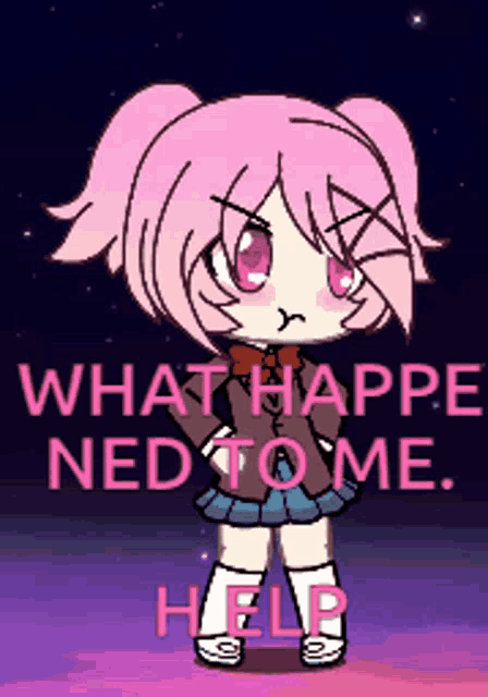 a girl with pink hair is standing in front of a sign that says " what happened ned to me help "