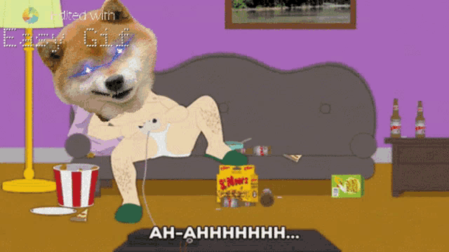 a cartoon of a dog sitting on a couch with a bag of gummy bears in the background
