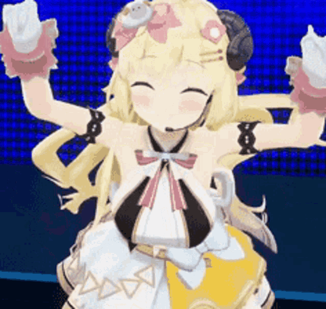 a cartoon girl with horns and a bow on her head is dancing with her arms outstretched