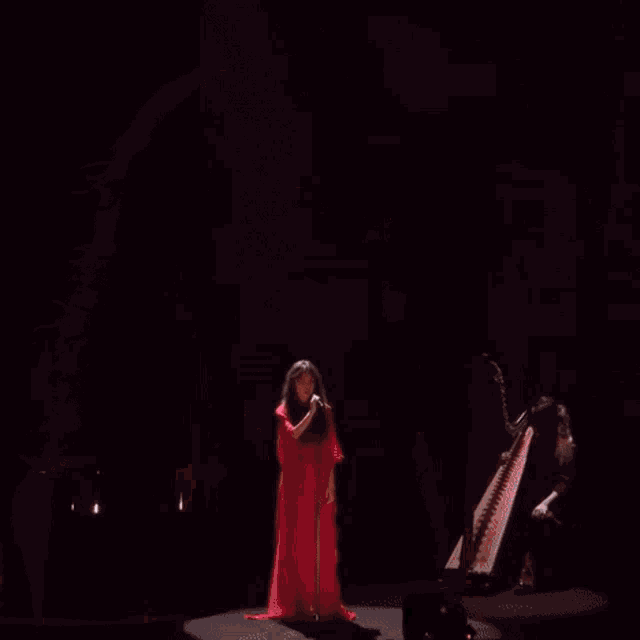a woman is singing into a microphone on a stage .