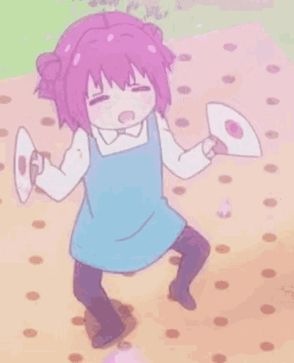 a cartoon girl with pink hair is holding a fan and a plate .