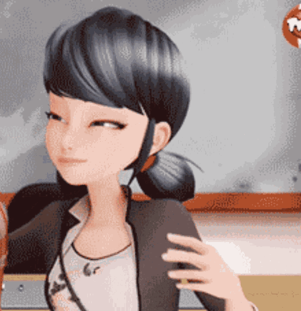 a cartoon girl is standing in front of a chalkboard with the letter t on it