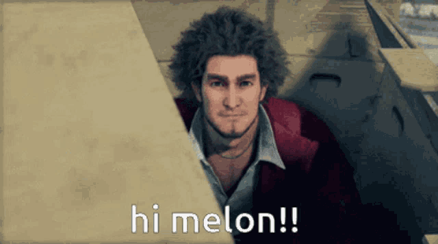 a man in a red jacket is standing next to a wall and says hi melon