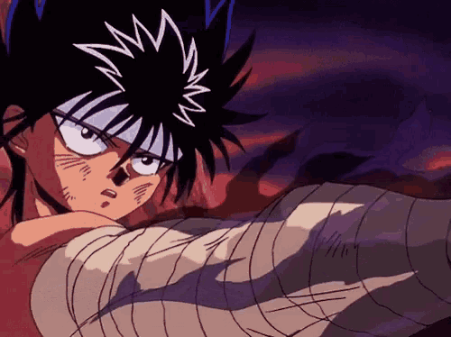a cartoon character has a bandaged arm and a purple background