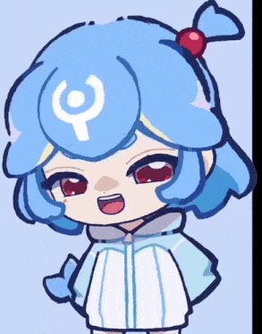 a drawing of a girl with blue hair and a letter p on her forehead