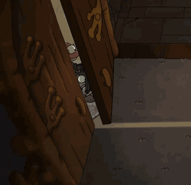 a cartoon frog is peeking out of a door