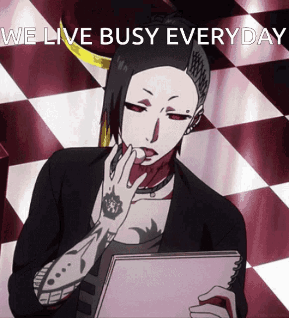 a man with a tattoo on his arm is holding a piece of paper and says we live busy everyday