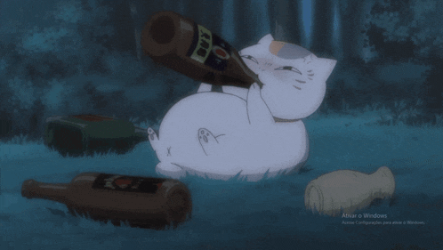 a cartoon cat is drinking from a bottle with a label that says boo on it
