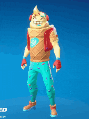 a man dressed as an ice cream cone with sprinkles on his pants is standing on a blue background .