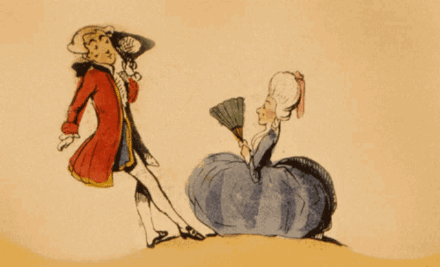 a drawing of a man kneeling down next to a woman with a fan