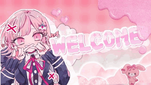 a girl with pink hair is surrounded by the word welcome