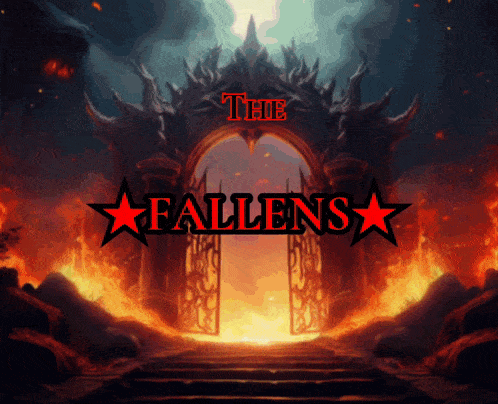 a painting of a gate with the words " the fallens " written on it