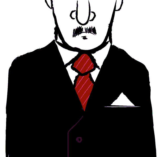 a drawing of a man wearing a yellow jacket and a pink tie