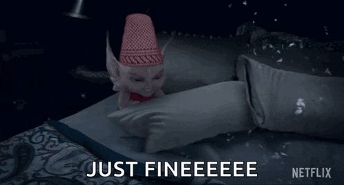 a stuffed animal is laying on a bed surrounded by feathers and says `` just fineeee '' .