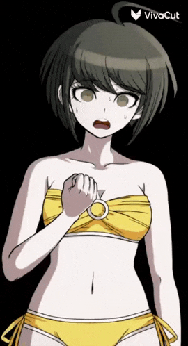 a girl in a yellow bikini is standing in a dark room .