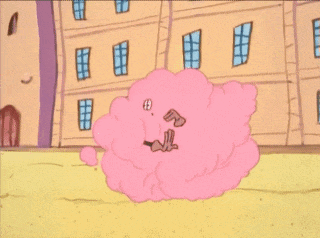a cartoon character is running away from a building