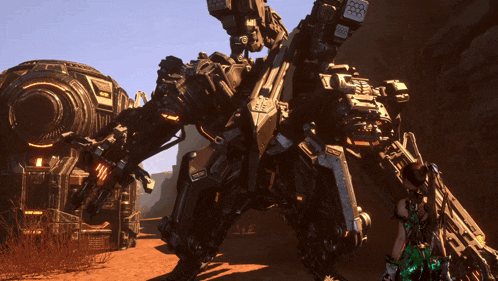a video game character is standing next to a large robot with a huge gun