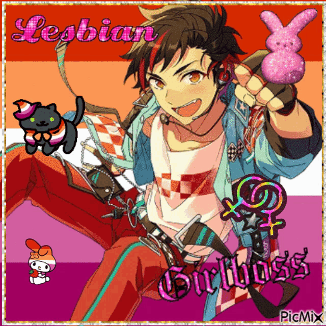 a picture of a boy holding a pink bunny and the words lesbian girlboss