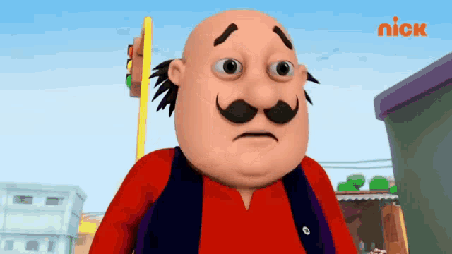 a bald cartoon character with a mustache and a red shirt