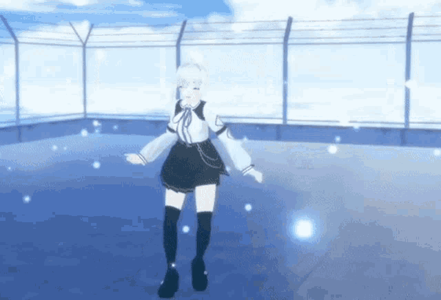 a 3d anime girl is dancing on a rooftop .