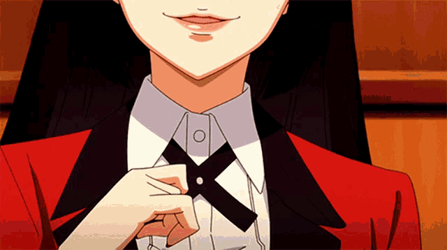 a close up of a person wearing a red jacket and a black bow tie