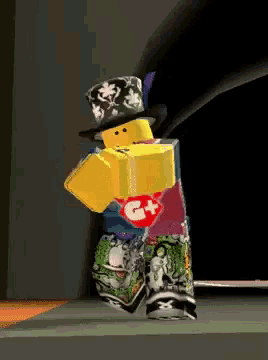 a roblox character wearing a top hat and a red g + purse