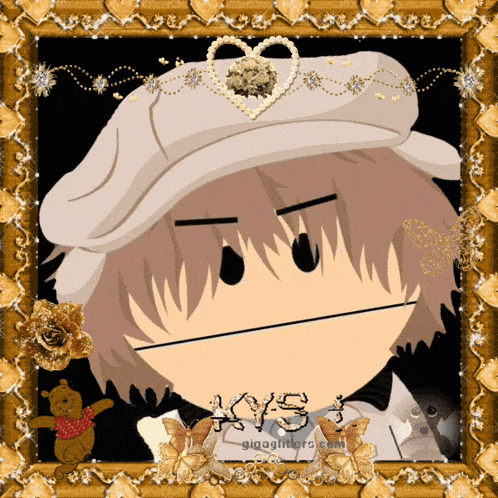 a picture of a boy with a white hat and a heart on his hat is in a gold frame with the words kys written on it