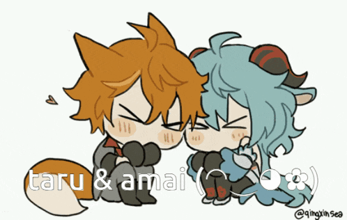 a drawing of two anime characters with the words " taru & amai " written below them