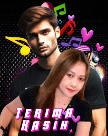 a man and a woman standing next to each other with the words terima kasih in pink letters