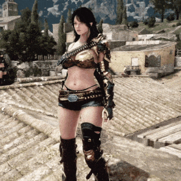 a woman in a video game is standing on a tiled roof