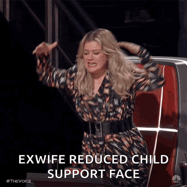 a woman sitting in front of a microphone with the words exwife reduced child support face below her