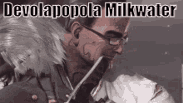 a man is playing a violin with a straw in his mouth and the words devolapopola milkwater are written above him .