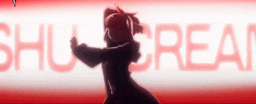 a silhouette of a person standing in front of a red background that says shu cream