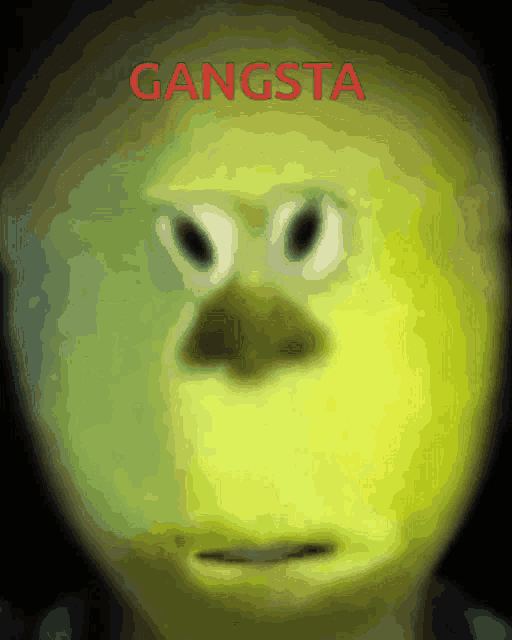 a close up of a person 's face with the word gangsta written above it