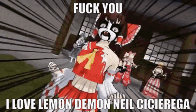a cartoon of a girl with a mask on her face says " fuck you i love lemon demon neil cicierga "