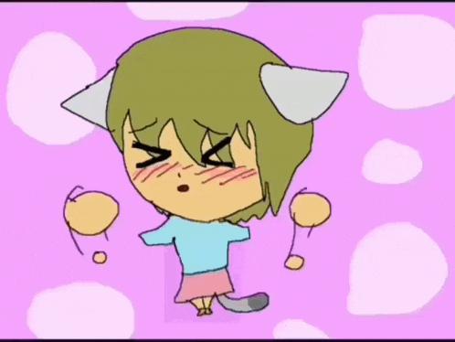 a drawing of a girl with cat ears and a tail on a pink background