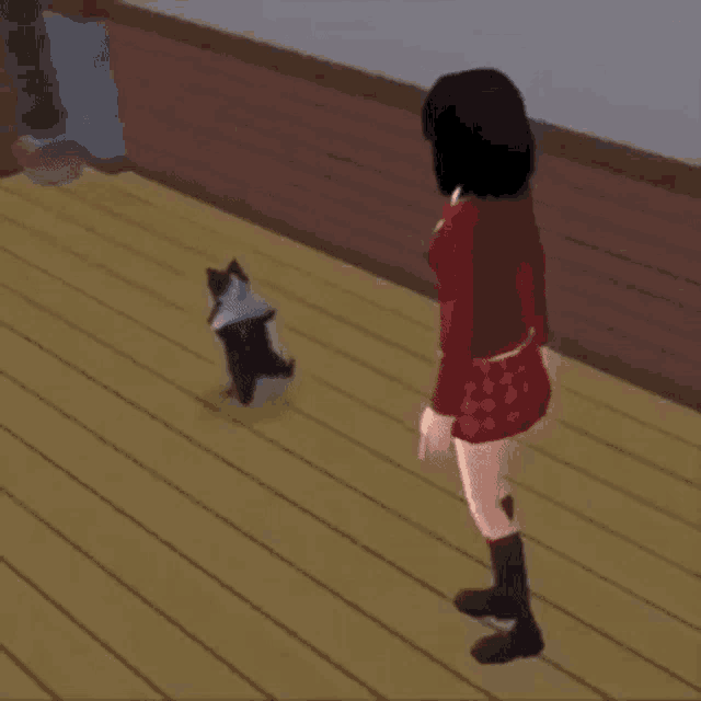 a woman in a red skirt is standing next to a black and white cat on a wooden floor .