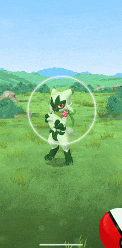 a green and white pokemon is standing in a field