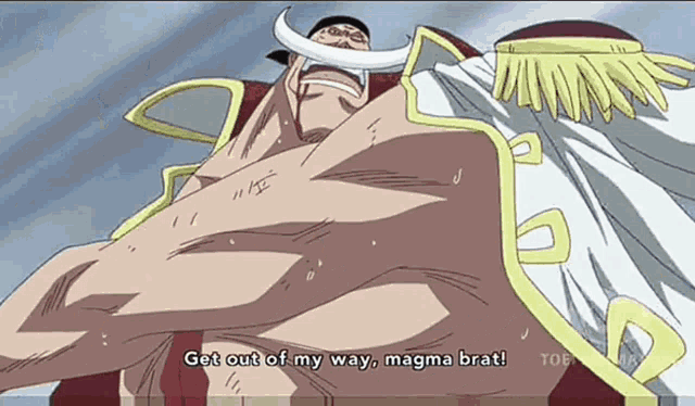 a man with a long white beard is standing next to another man and says get out of my way , magma brat !