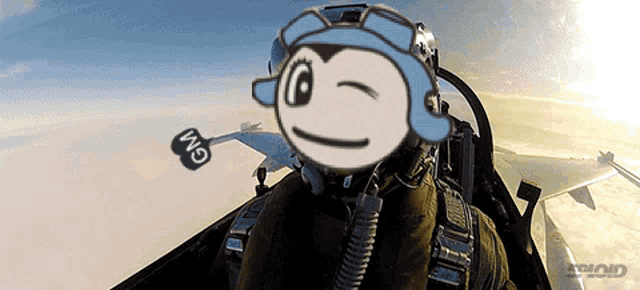 a cartoon of a man in a fighter jet with the word gm on the tail