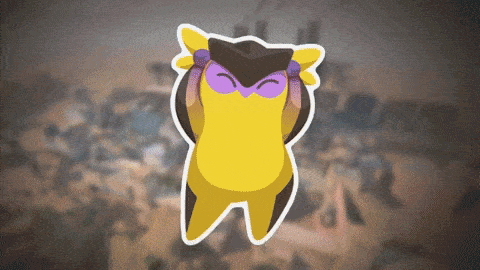 a yellow and brown cartoon character with a purple mask on