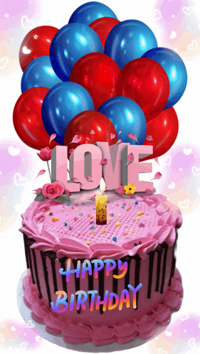 a pink birthday cake with balloons and the word love on top