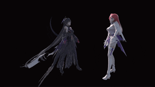 two anime characters are dancing in a dark room with a black background