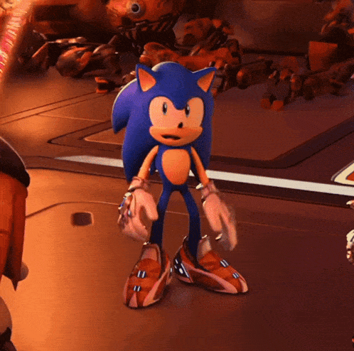 sonic the hedgehog is standing in a room with robots
