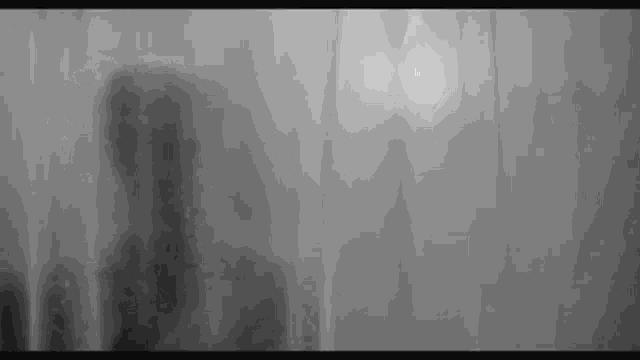 a black and white photo of a person standing in a shower behind a curtain .