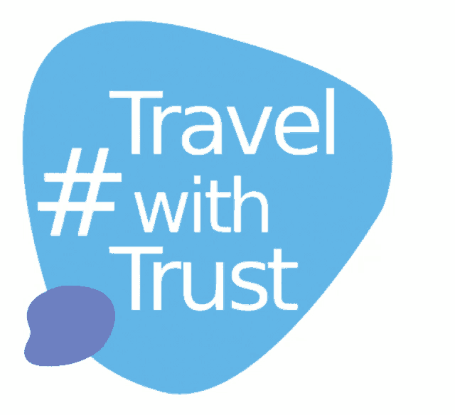 a blue and purple logo that reads travel # with trust