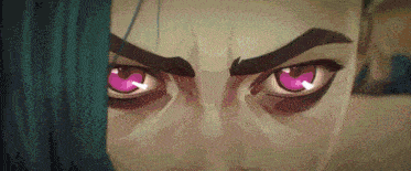 a close up of a cartoon character 's eyes with purple eyes .