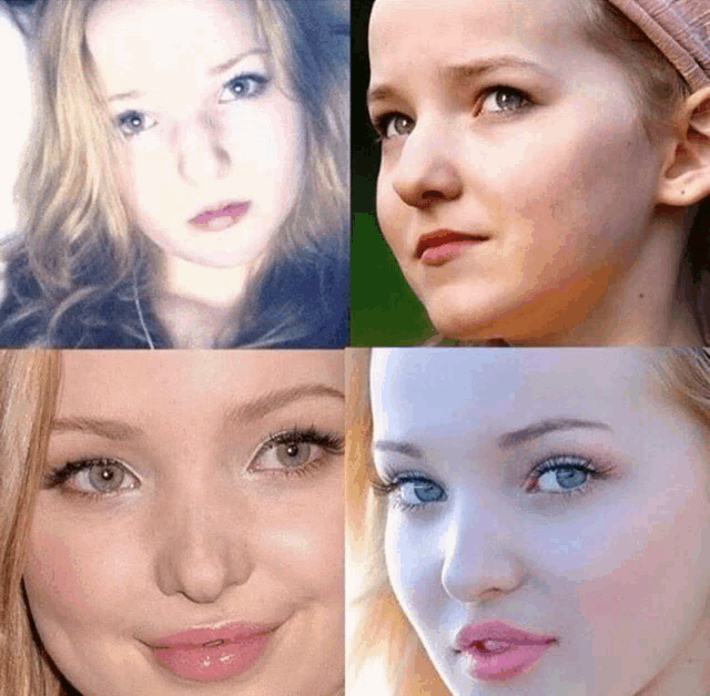 a collage of four pictures of a woman 's face with different facial expressions