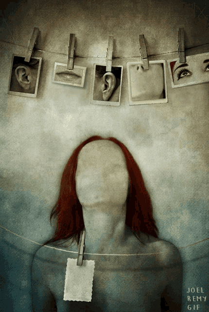 a painting by joel remy shows a woman with red hair hanging on a clothes line