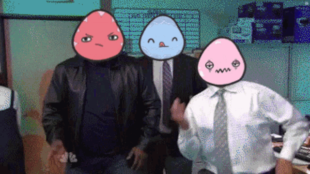 a man in a suit has a cartoon face on his head